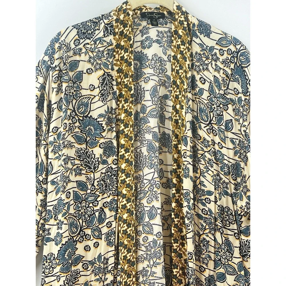 Jessica Simpson Floral Kimono Cardigan Womens 1X Blue Yellow Frozen Dew Boho
